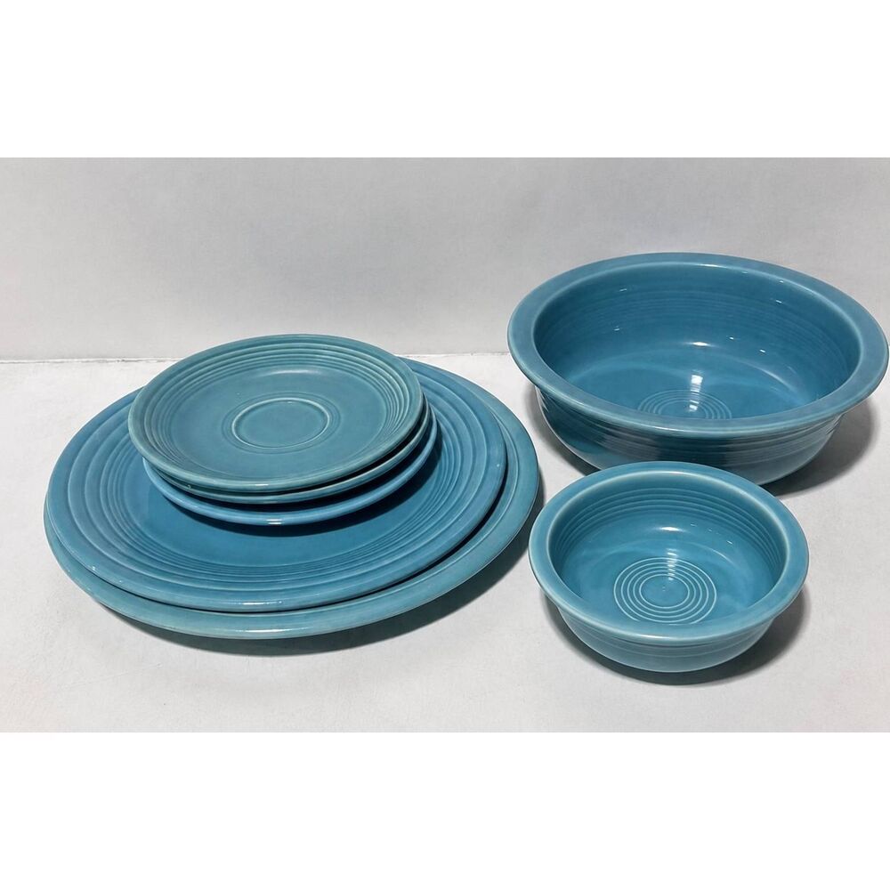 Vintage Genuine Fiesta Turquoise Dinnerware 7 Piece Lot HLC USA Plates Saucers S